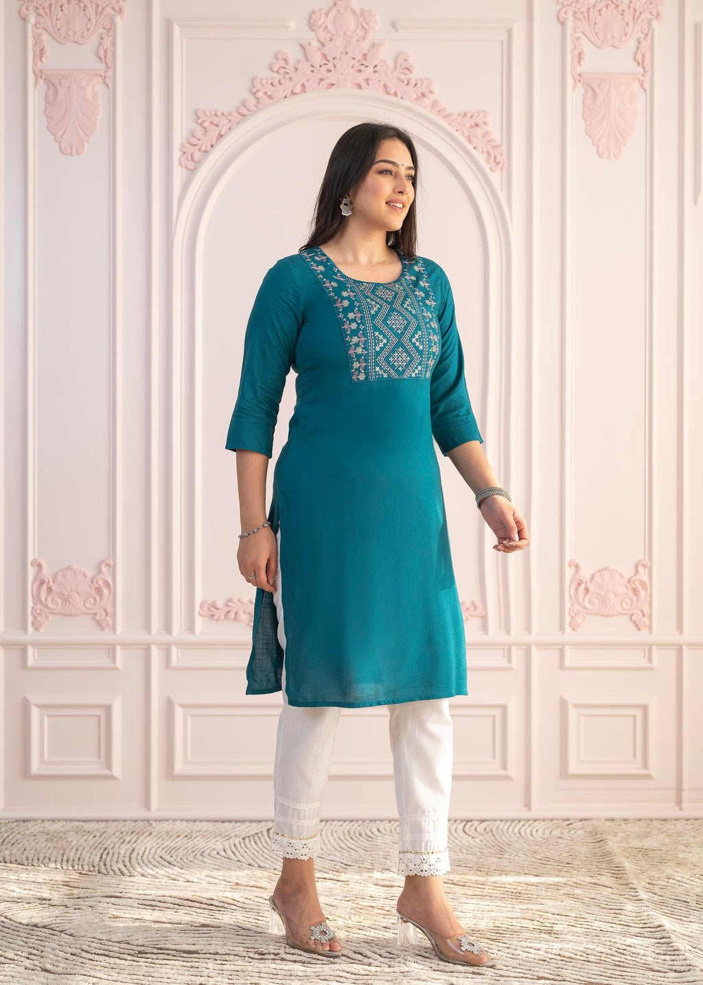 Juniper Teal Straight Kurta Set with Geometric Embroidered Yoke and White Pants - Distacart