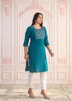 Juniper Teal Straight Kurta Set with Geometric Embroidered Yoke and White Pants - Distacart