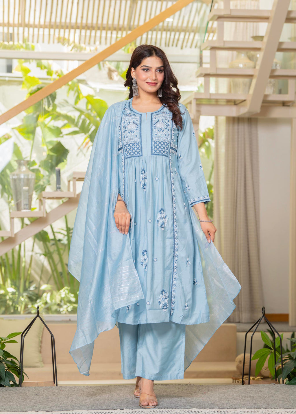 Juniper Aqua Blue Flared Embroidered Kurta Set with Dupatta - Distacart