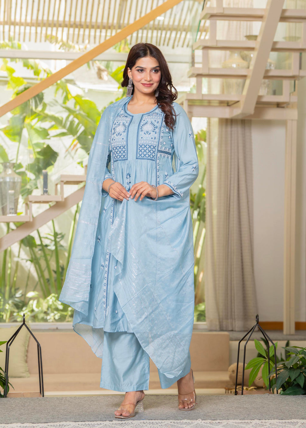 Juniper Aqua Blue Flared Embroidered Kurta Set with Dupatta - Distacart