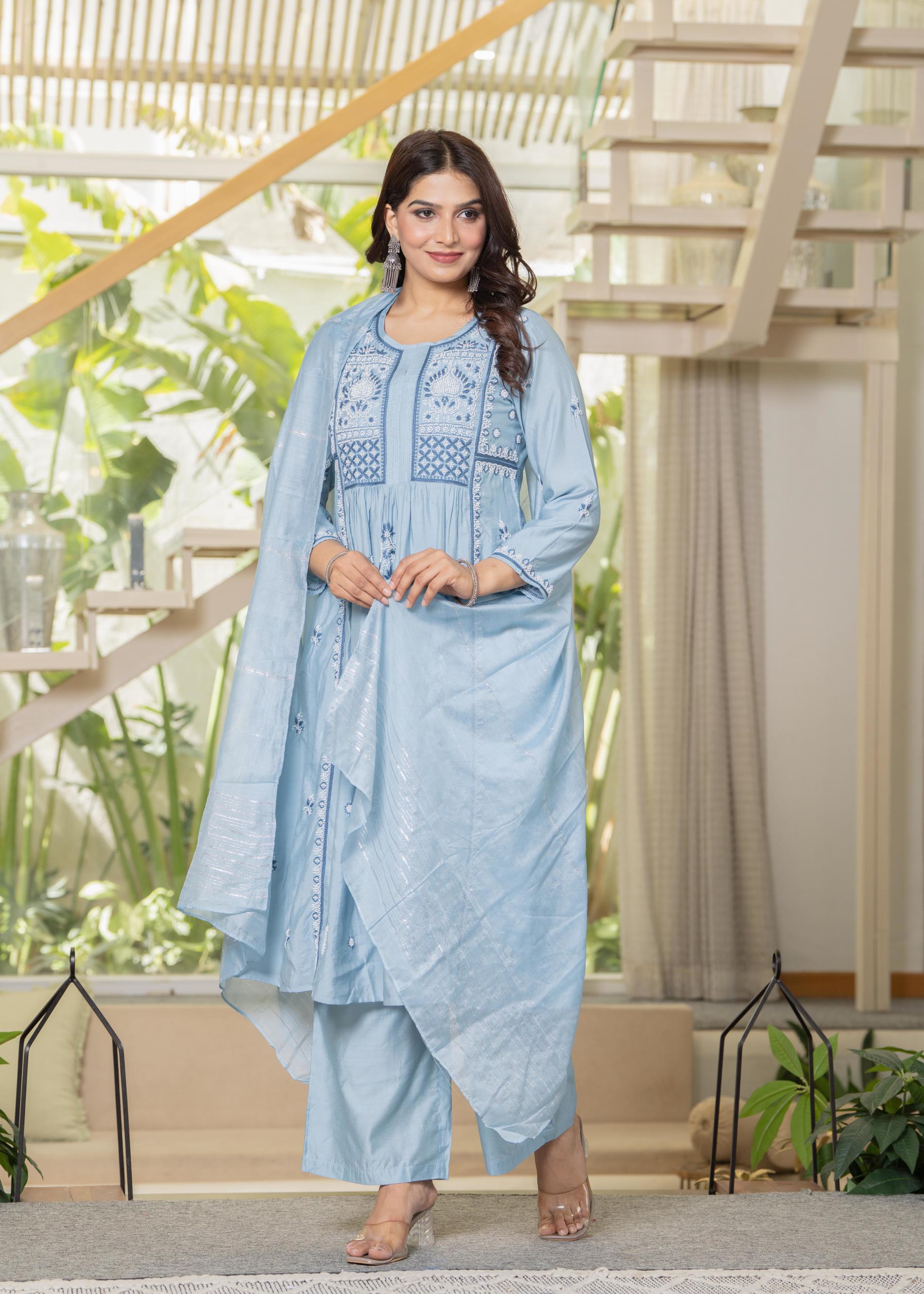 Juniper Aqua Blue Flared Embroidered Kurta Set with Dupatta - Distacart