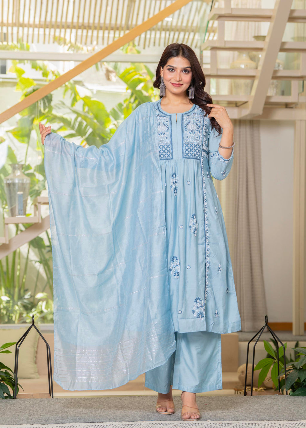 Juniper Aqua Blue Flared Embroidered Kurta Set with Dupatta - Distacart