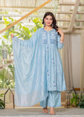 Juniper Aqua Blue Flared Embroidered Kurta Set with Dupatta - Distacart