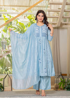 Juniper Aqua Blue Flared Embroidered Kurta Set with Dupatta - Distacart