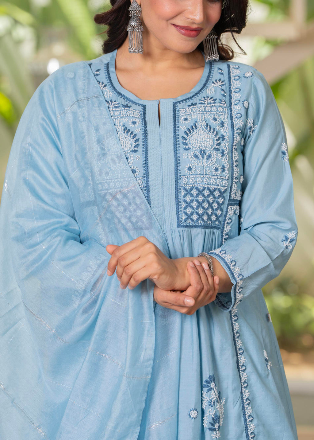 Juniper Aqua Blue Flared Embroidered Kurta Set with Dupatta - Distacart
