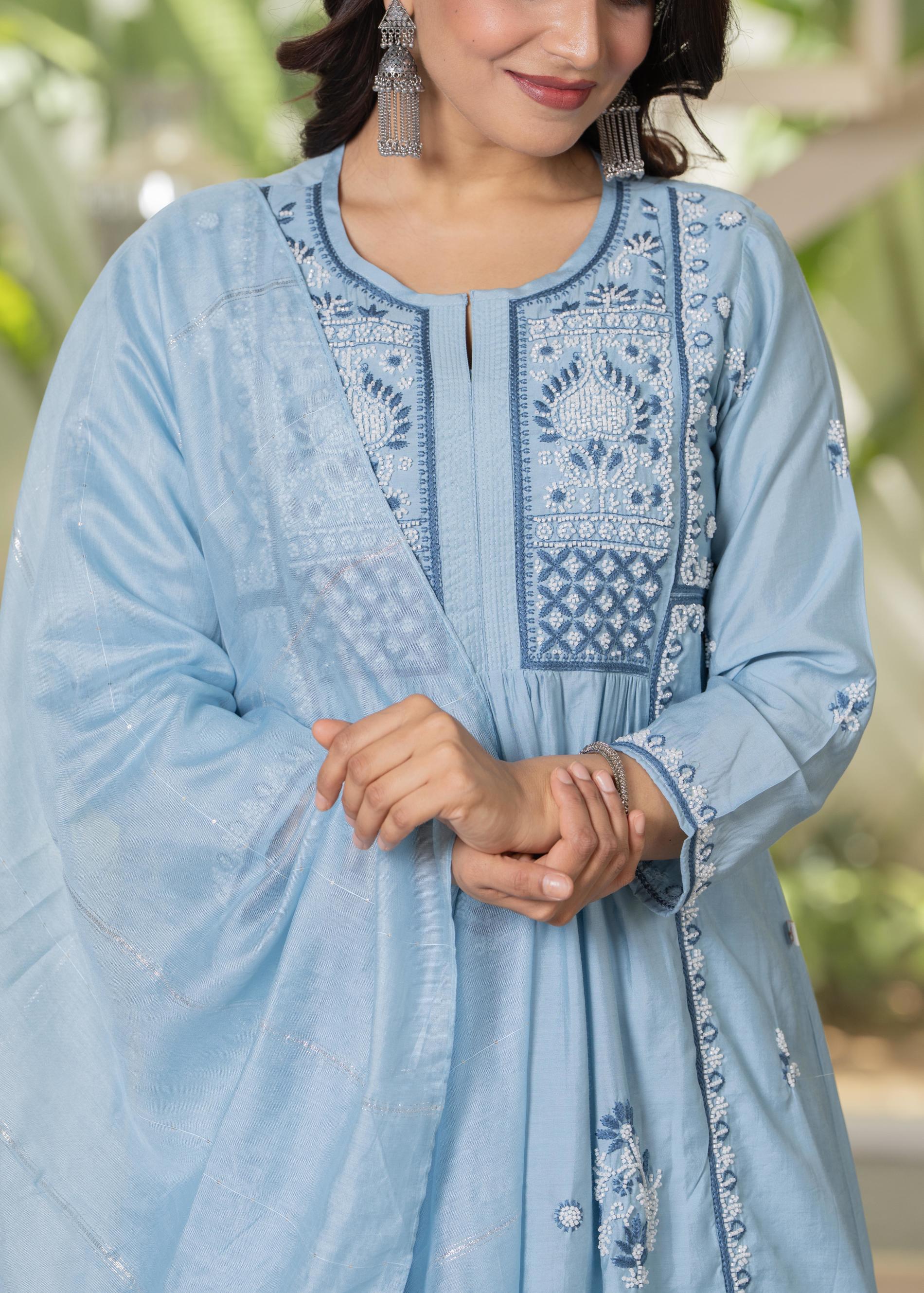 Juniper Aqua Blue Flared Embroidered Kurta Set with Dupatta - Distacart