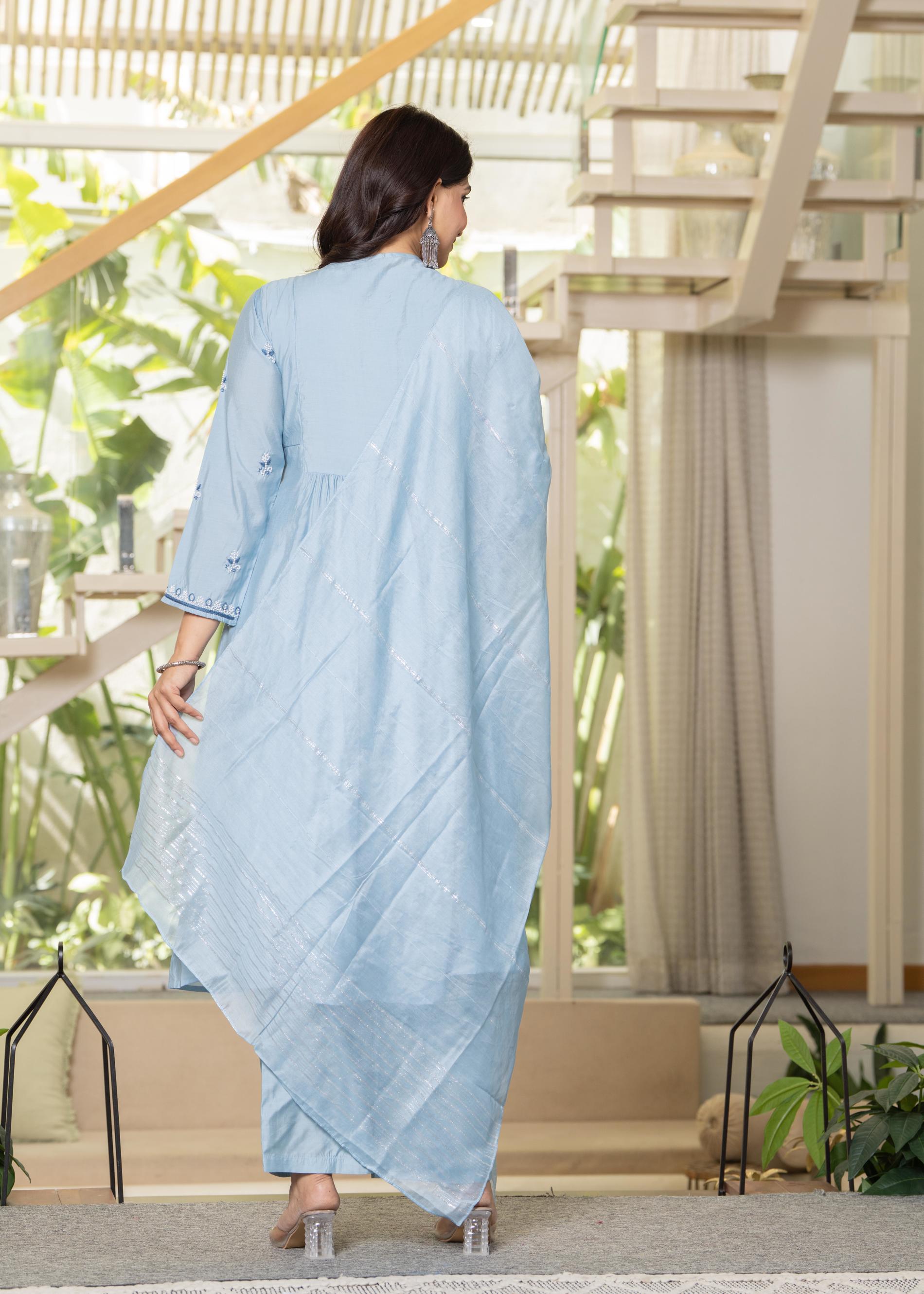 Juniper Aqua Blue Flared Embroidered Kurta Set with Dupatta - Distacart