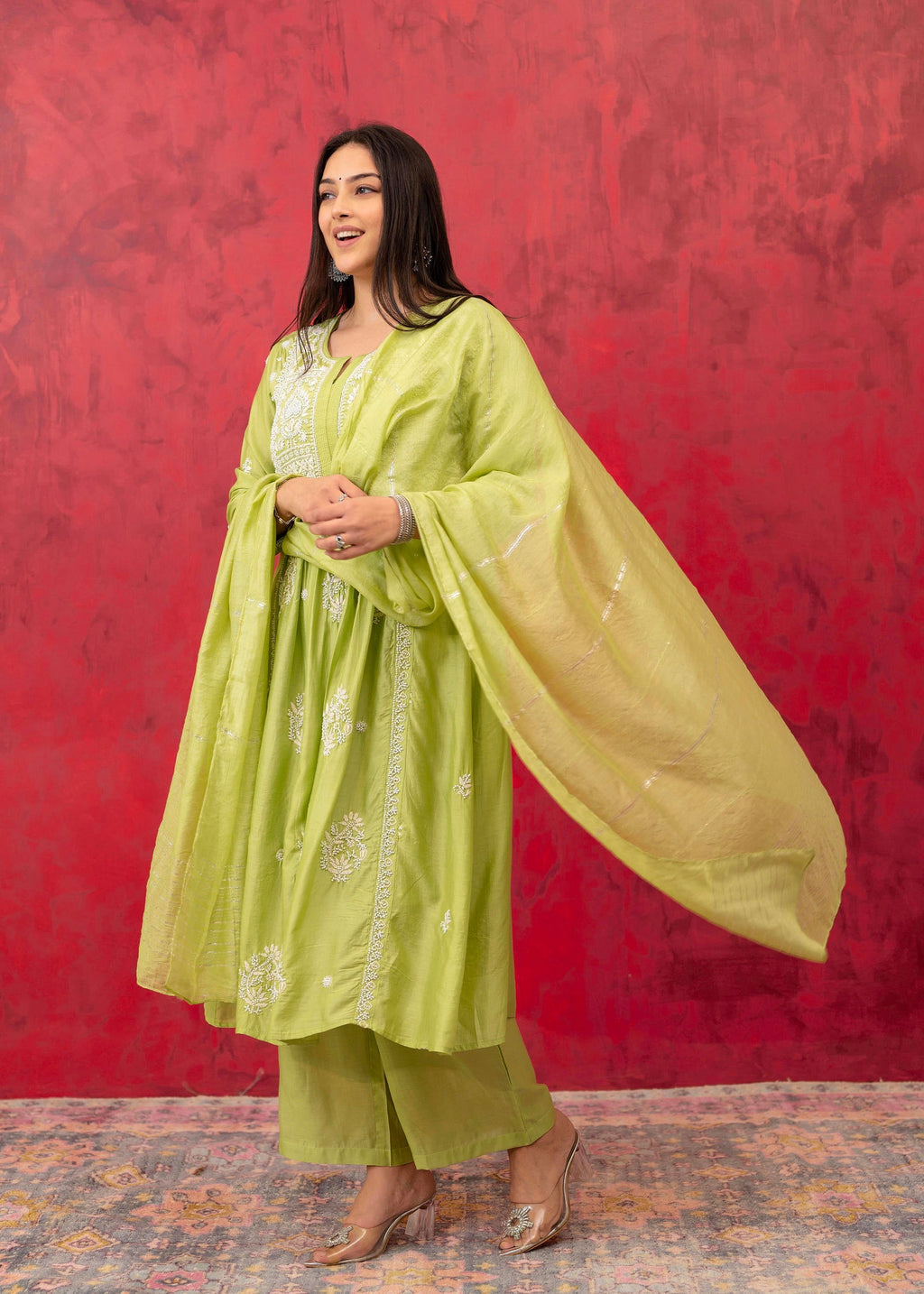 Juniper Lime Green Chanderi Kurta Pant Dupatta Set with Thread & Bead Work - Distacart