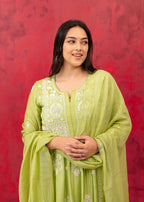 Juniper Lime Green Chanderi Kurta Pant Dupatta Set with Thread & Bead Work - Distacart