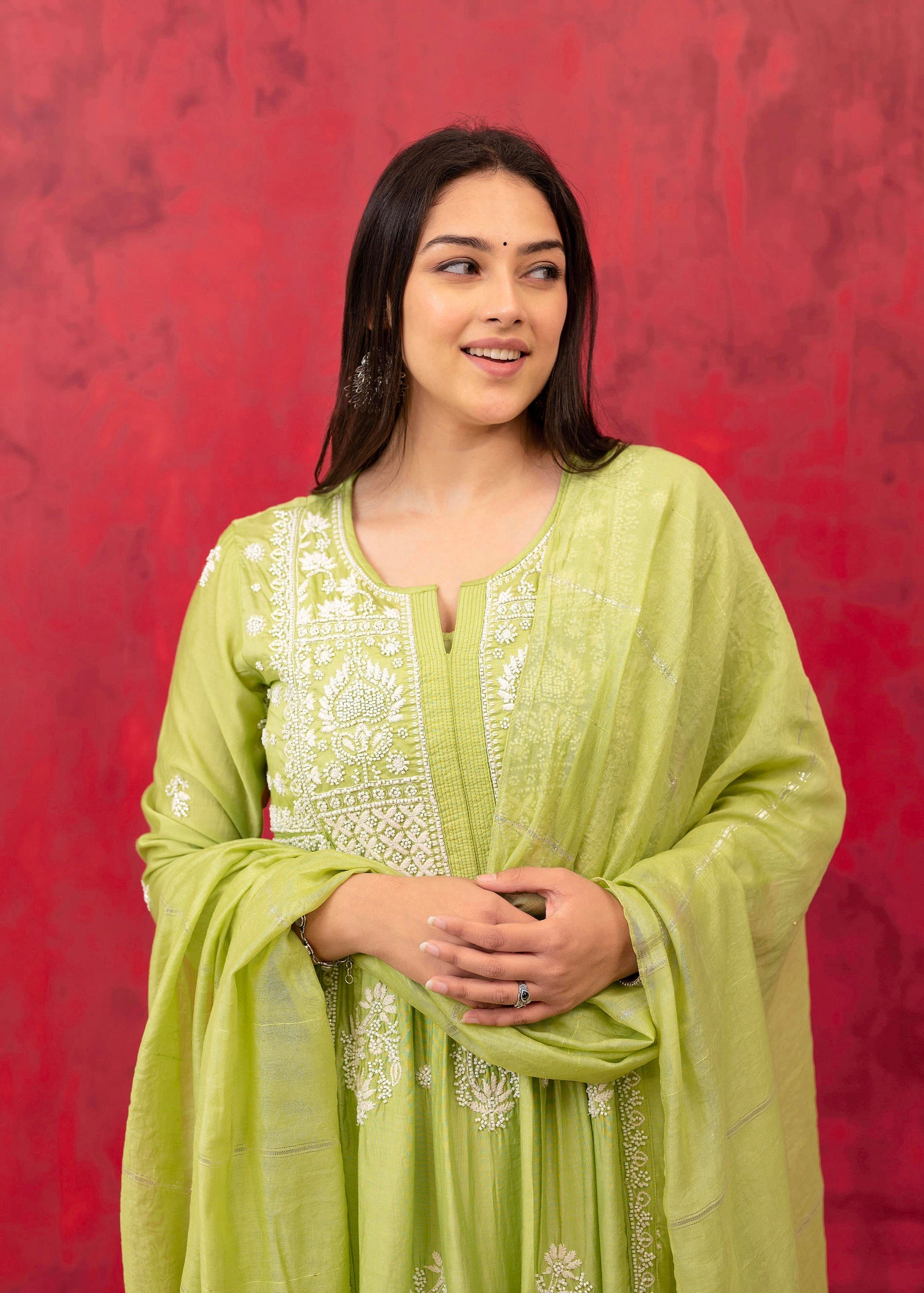 Juniper Lime Green Chanderi Kurta Pant Dupatta Set with Thread & Bead Work - Distacart