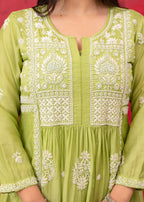 Juniper Lime Green Chanderi Kurta Pant Dupatta Set with Thread & Bead Work - Distacart