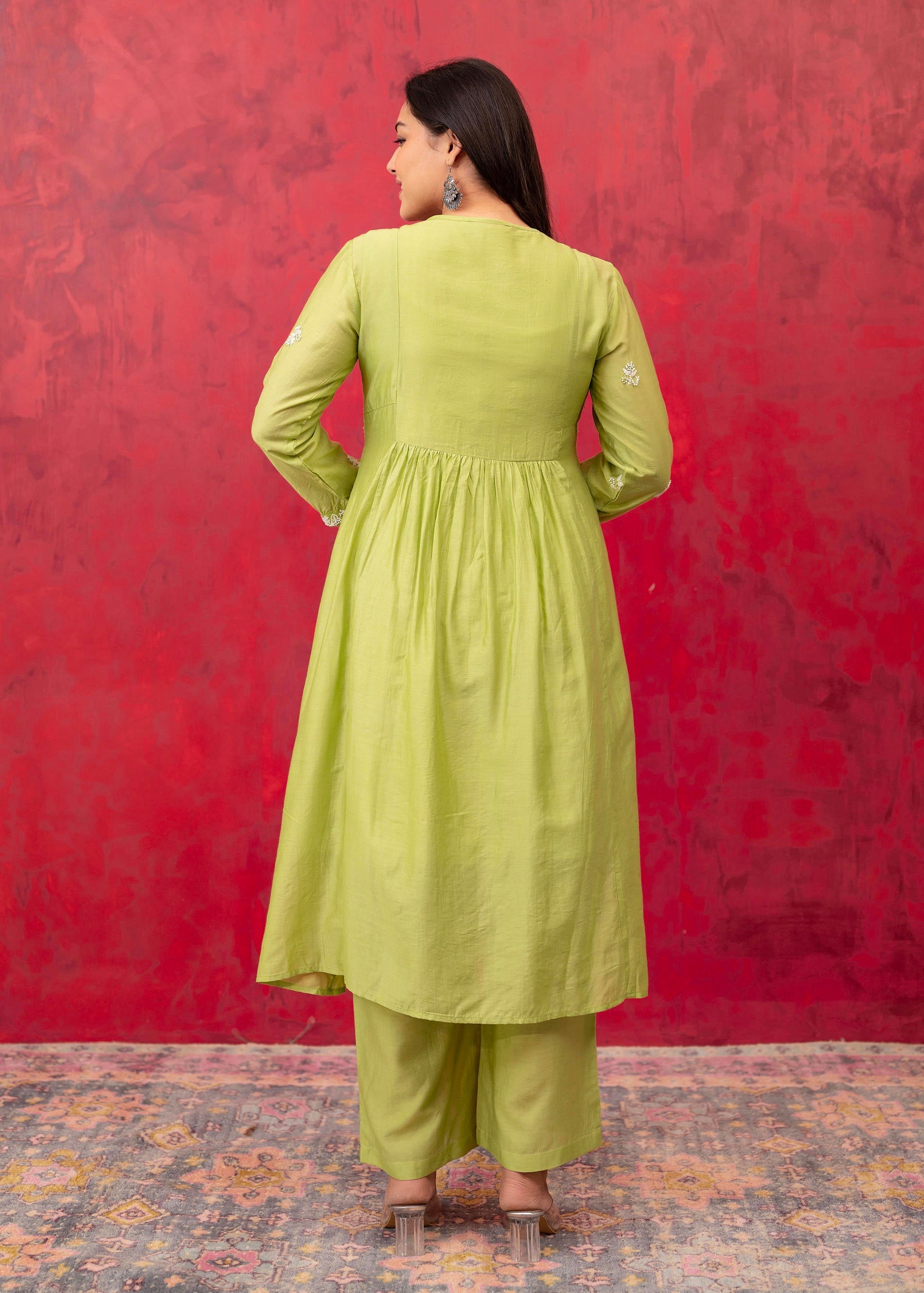Juniper Lime Green Chanderi Kurta Pant Dupatta Set with Thread & Bead Work - Distacart