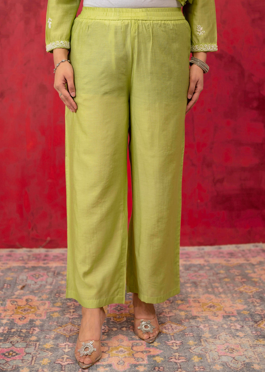Juniper Lime Green Chanderi Kurta Pant Dupatta Set with Thread & Bead Work - Distacart