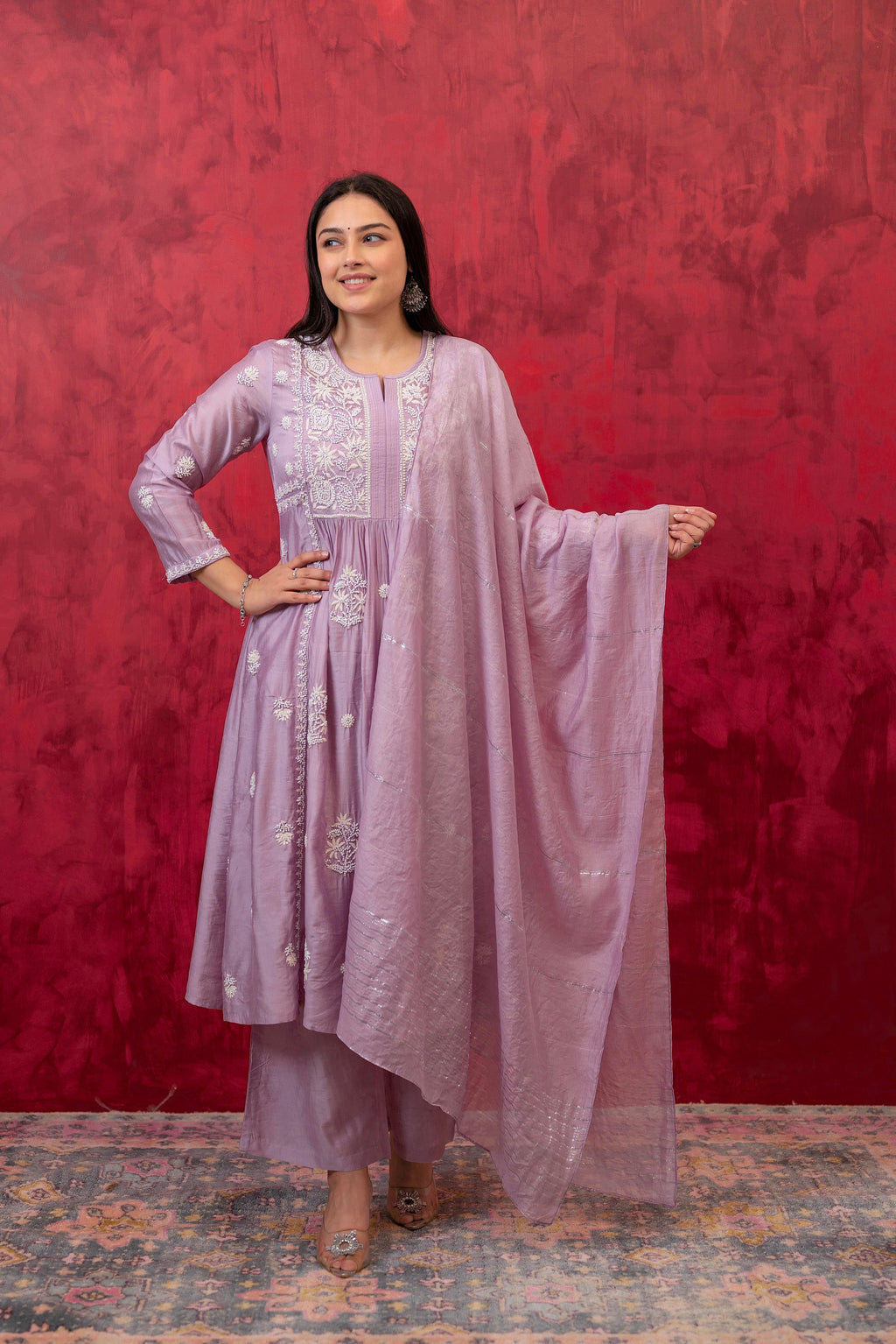 Juniper Lavender Embroidered Floral Chanderi Kurta with Palazzo & Dupatta