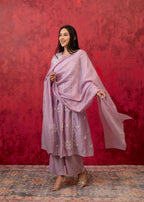 Juniper Lavender Embroidered Floral Chanderi Kurta With Palazzo & Dupatta - Distacart