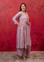 Juniper Lavender Embroidered Floral Chanderi Kurta With Palazzo & Dupatta - Distacart