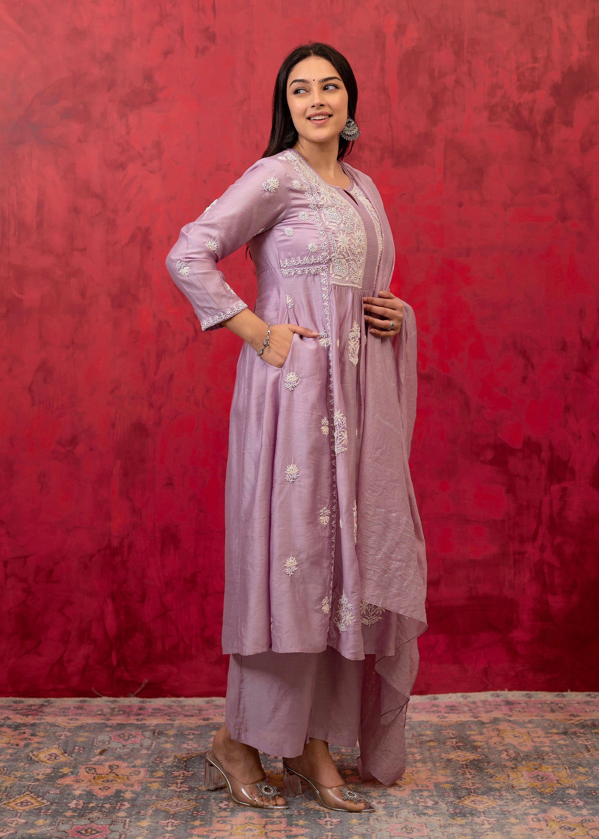 Juniper Lavender Embroidered Floral Chanderi Kurta With Palazzo & Dupatta - Distacart