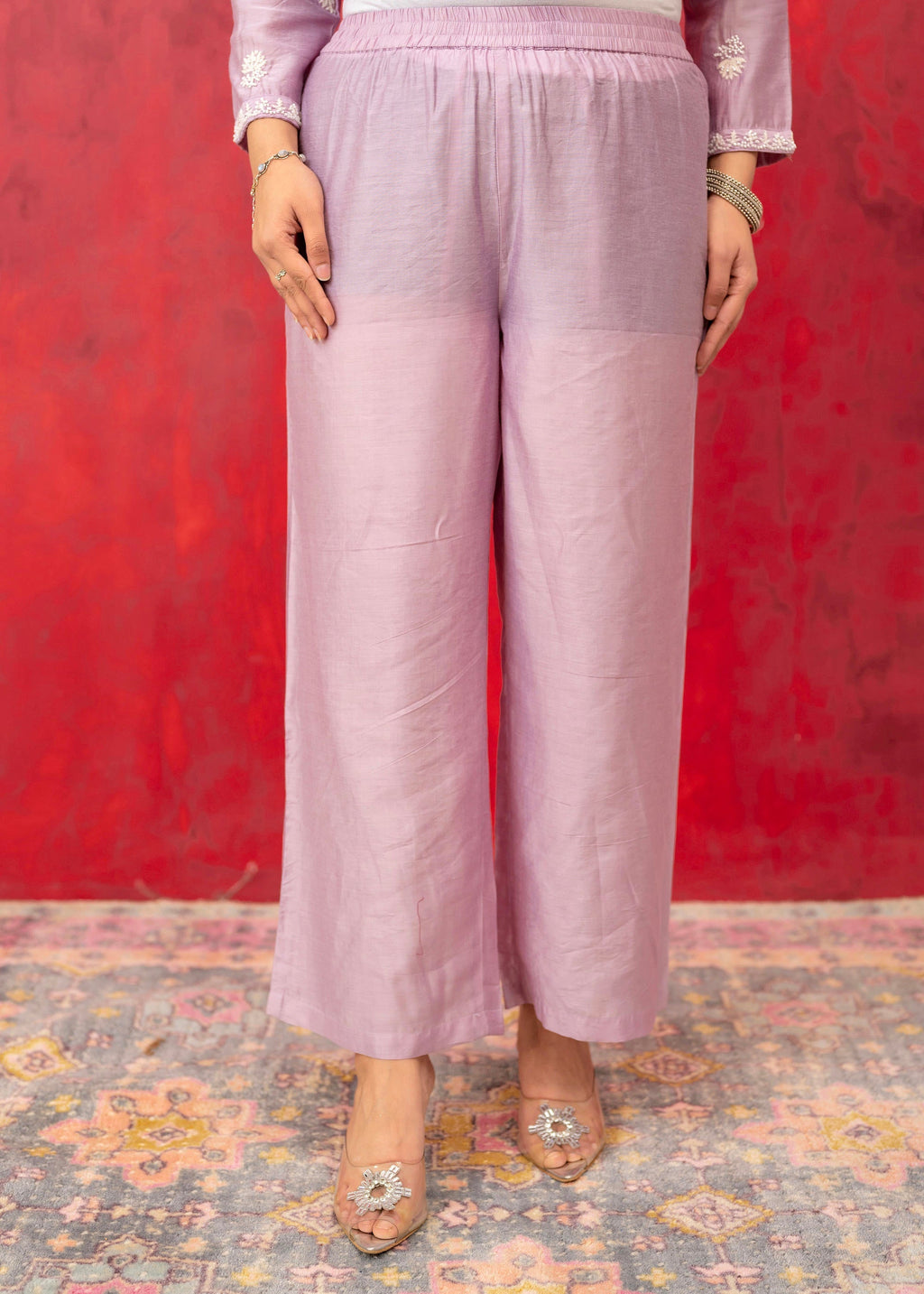 Juniper Lavender Embroidered Floral Chanderi Kurta with Palazzo & Dupatta