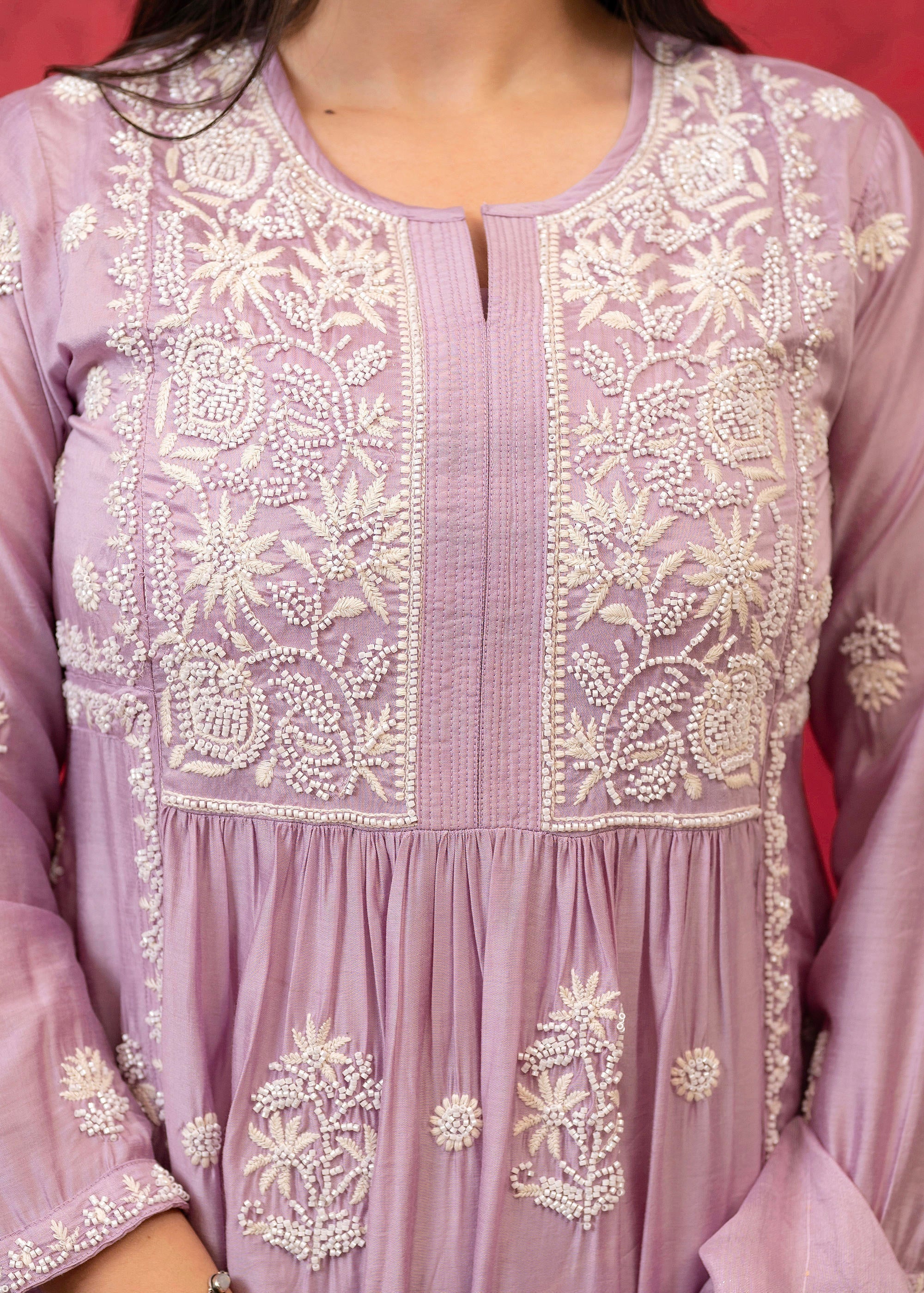 Juniper Lavender Embroidered Floral Chanderi Kurta with Palazzo & Dupatta