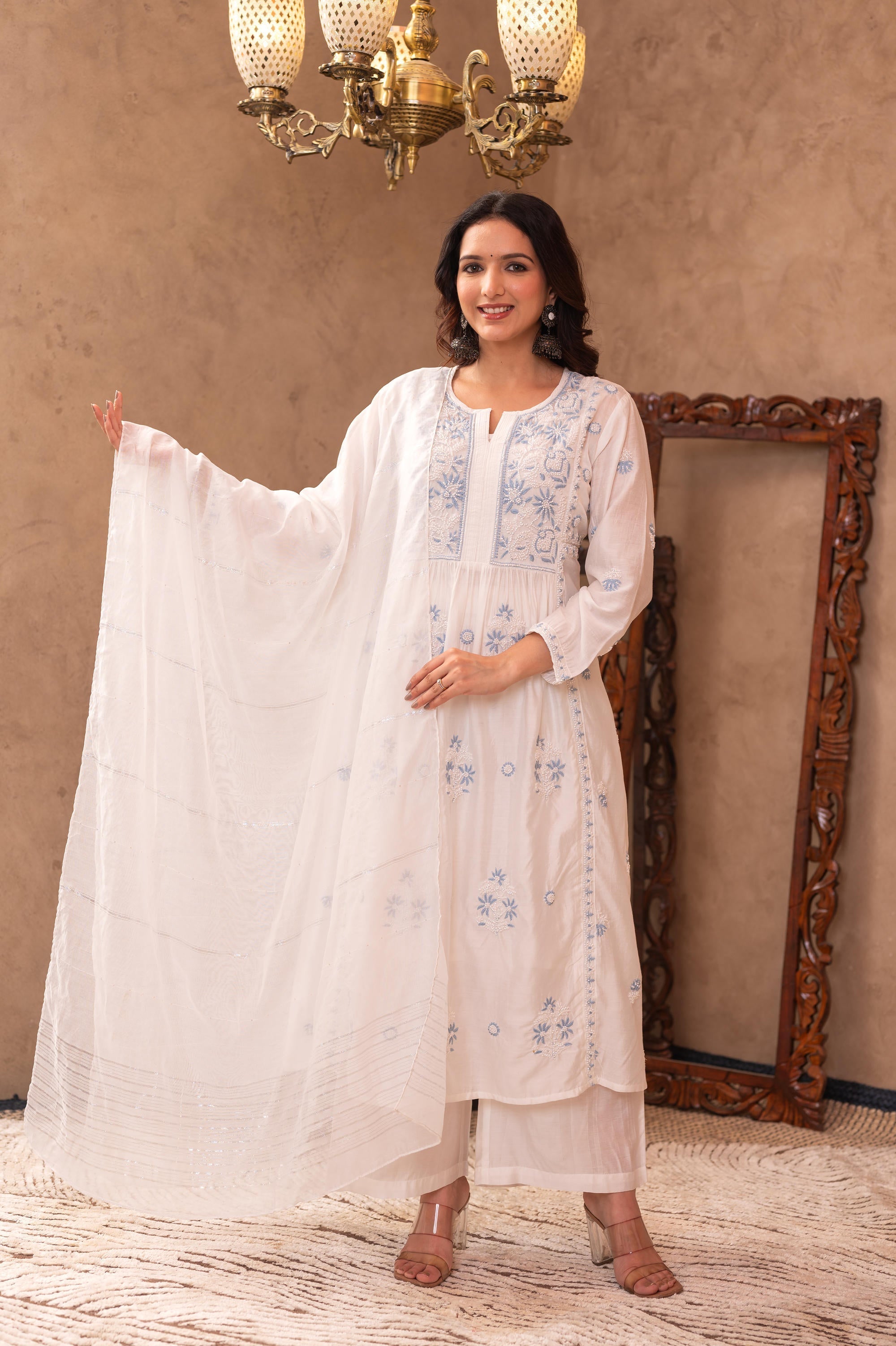 Juniper Off-White Chanderi Floral Embroidered Kurta With Palazzo, Dupatta & Bead Work - Distacart
