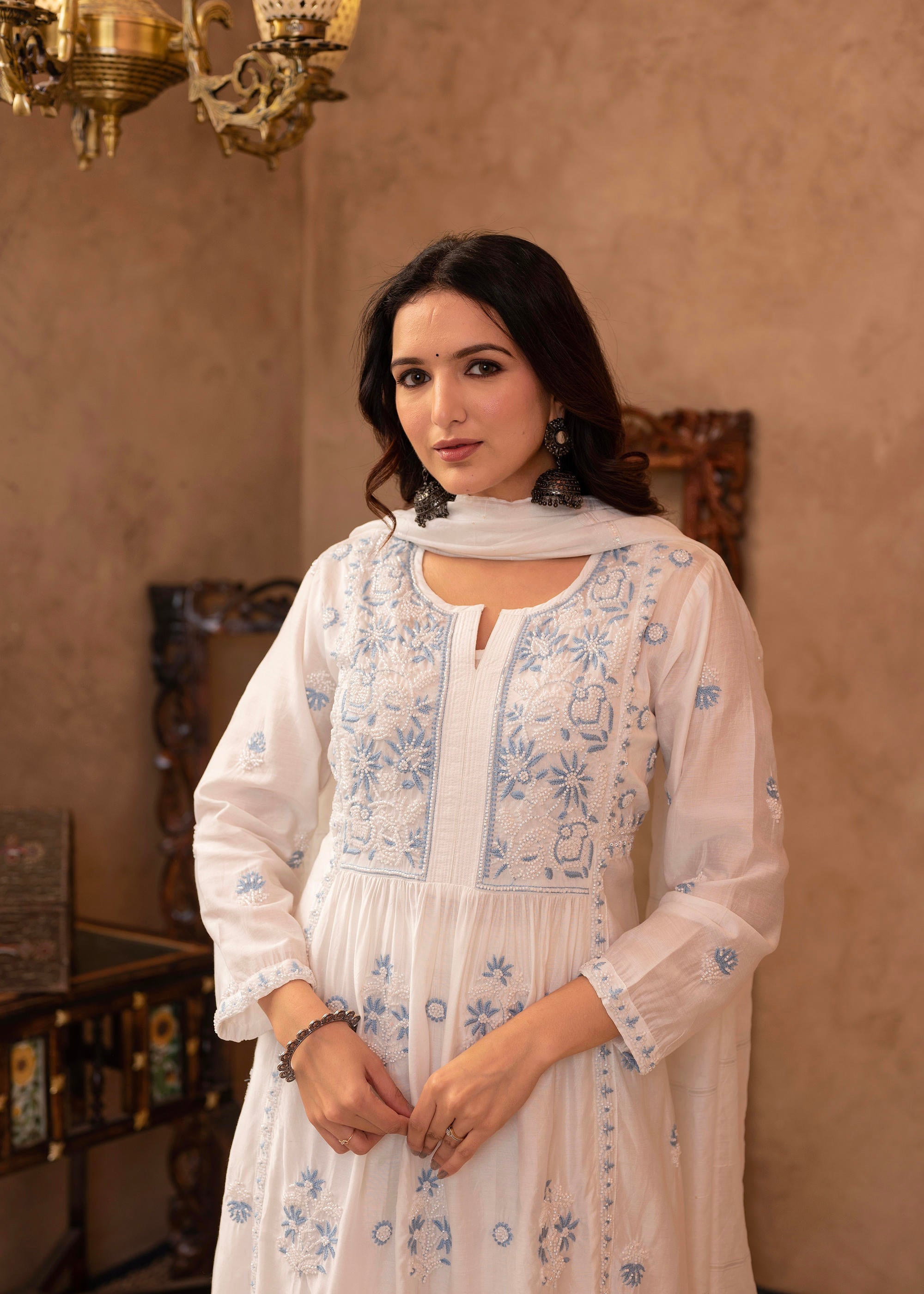 Juniper Off-White Chanderi Floral Embroidered Kurta with Palazzo, Dupatta & Bead Work