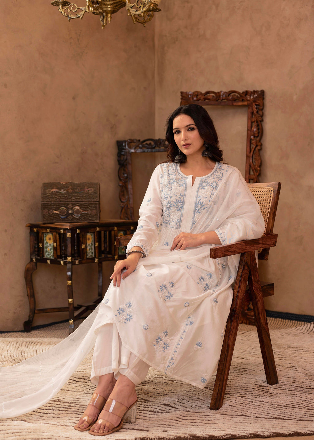 Juniper Off-White Chanderi Floral Embroidered Kurta with Palazzo, Dupatta & Bead Work