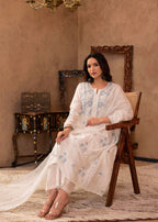 Juniper Off-White Chanderi Floral Embroidered Kurta with Palazzo, Dupatta & Bead Work
