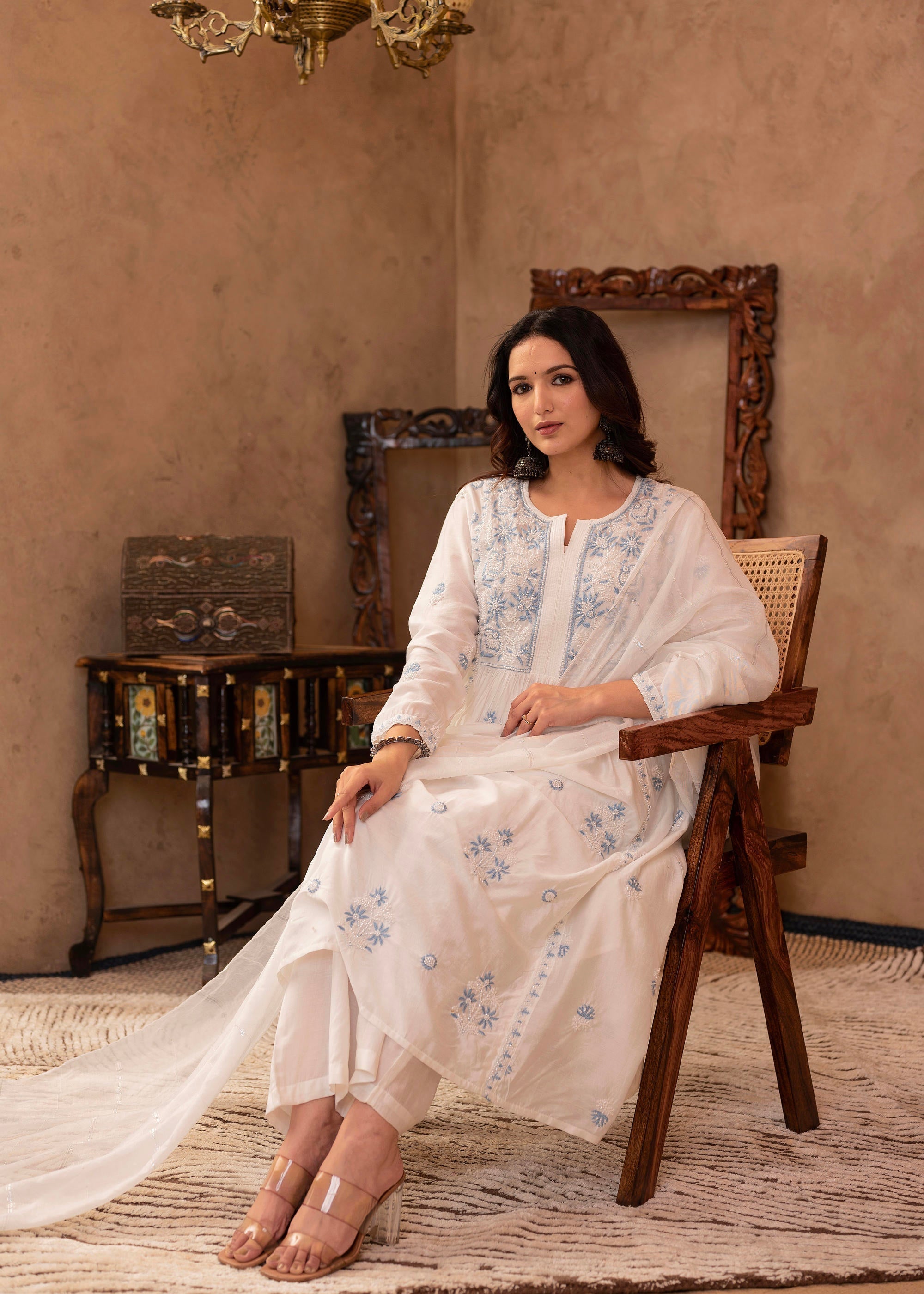 Juniper Off-White Chanderi Floral Embroidered Kurta with Palazzo, Dupatta & Bead Work