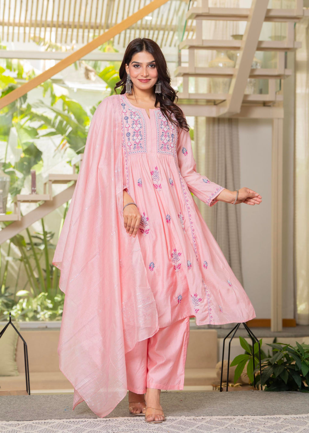 Juniper Baby Pink Embroidered Flared Kurta Set with Dupatta - Distacart