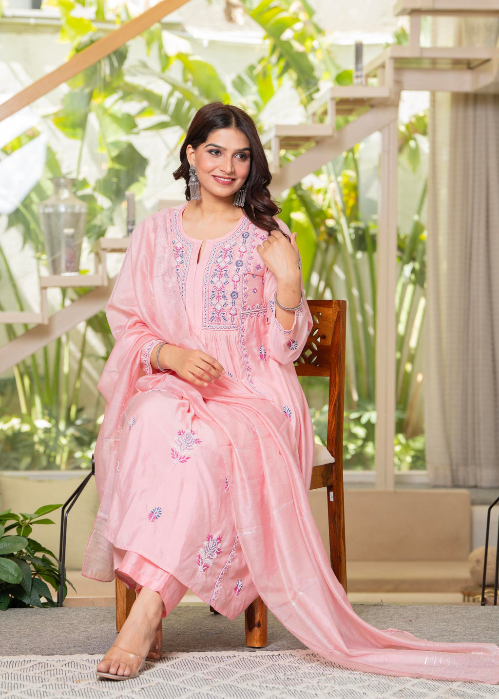Juniper Baby Pink Embroidered Flared Kurta Set with Dupatta - Distacart