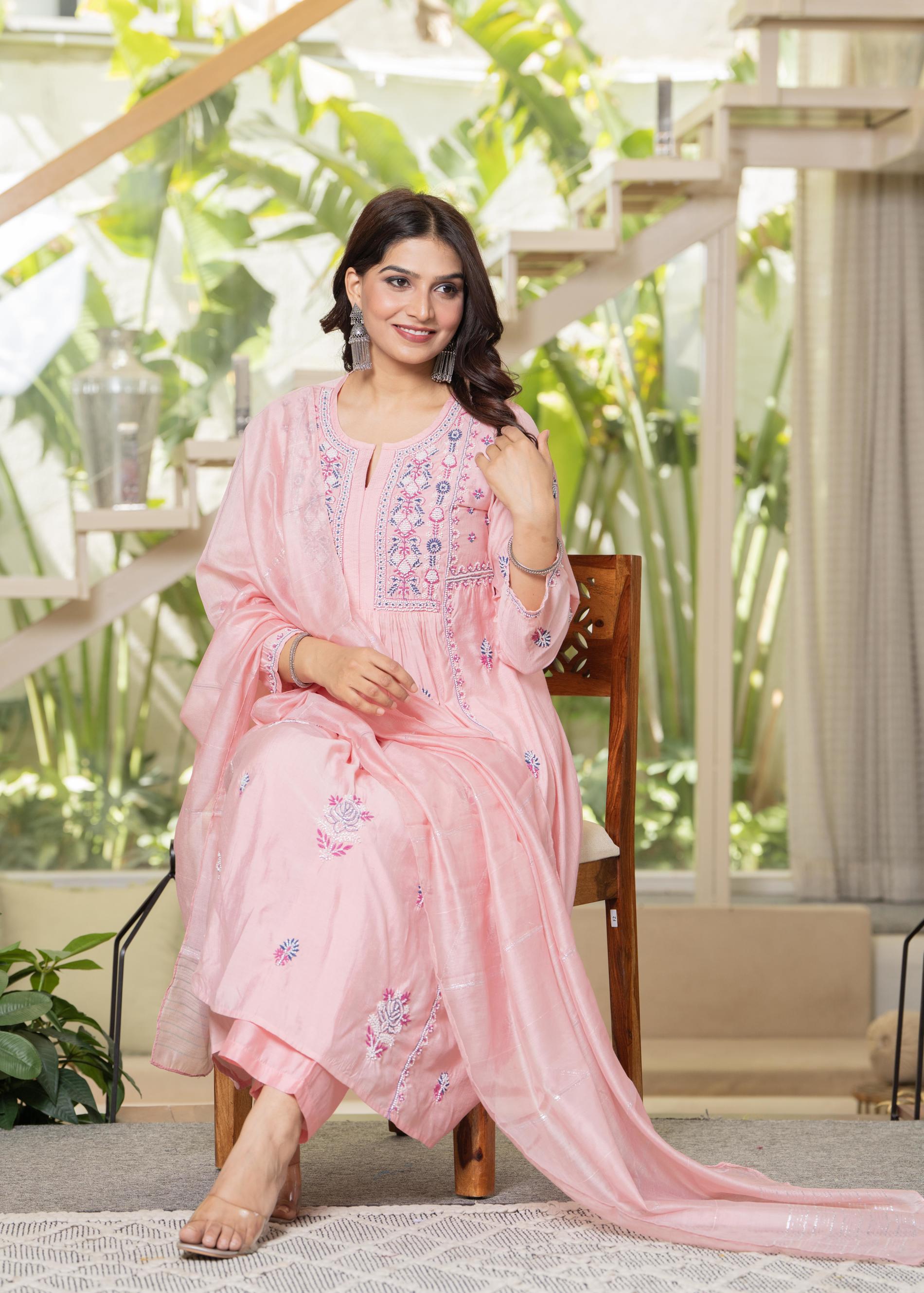 Juniper Baby Pink Embroidered Flared Kurta Set with Dupatta - Distacart
