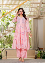 Juniper Baby Pink Embroidered Flared Kurta Set with Dupatta - Distacart