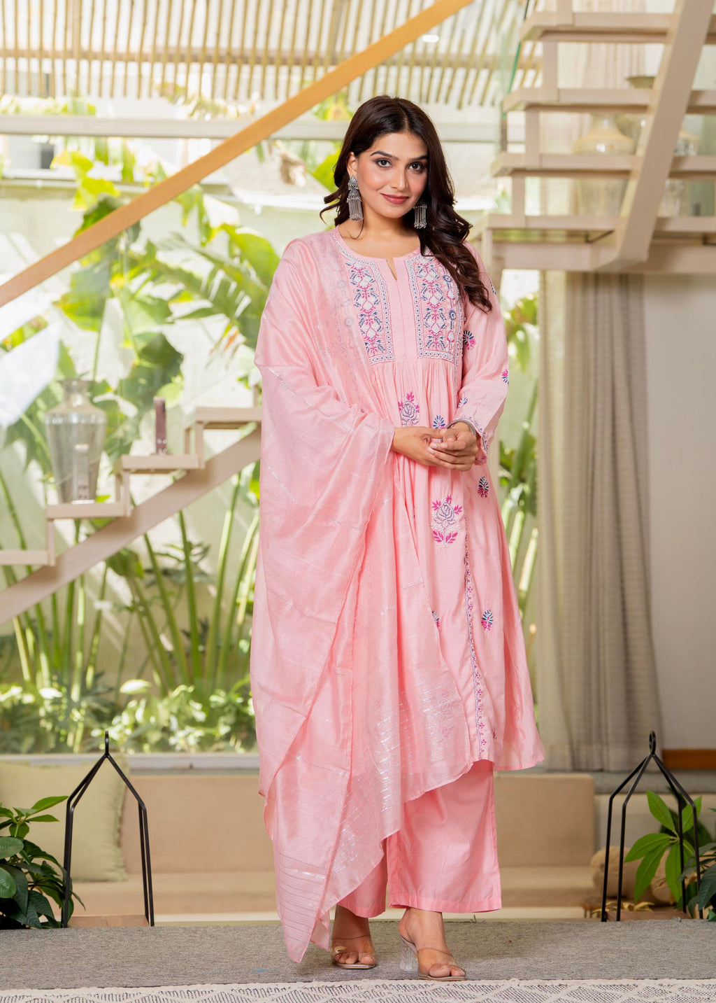 Juniper Baby Pink Embroidered Flared Kurta Set with Dupatta - Distacart