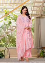 Juniper Baby Pink Embroidered Flared Kurta Set with Dupatta - Distacart