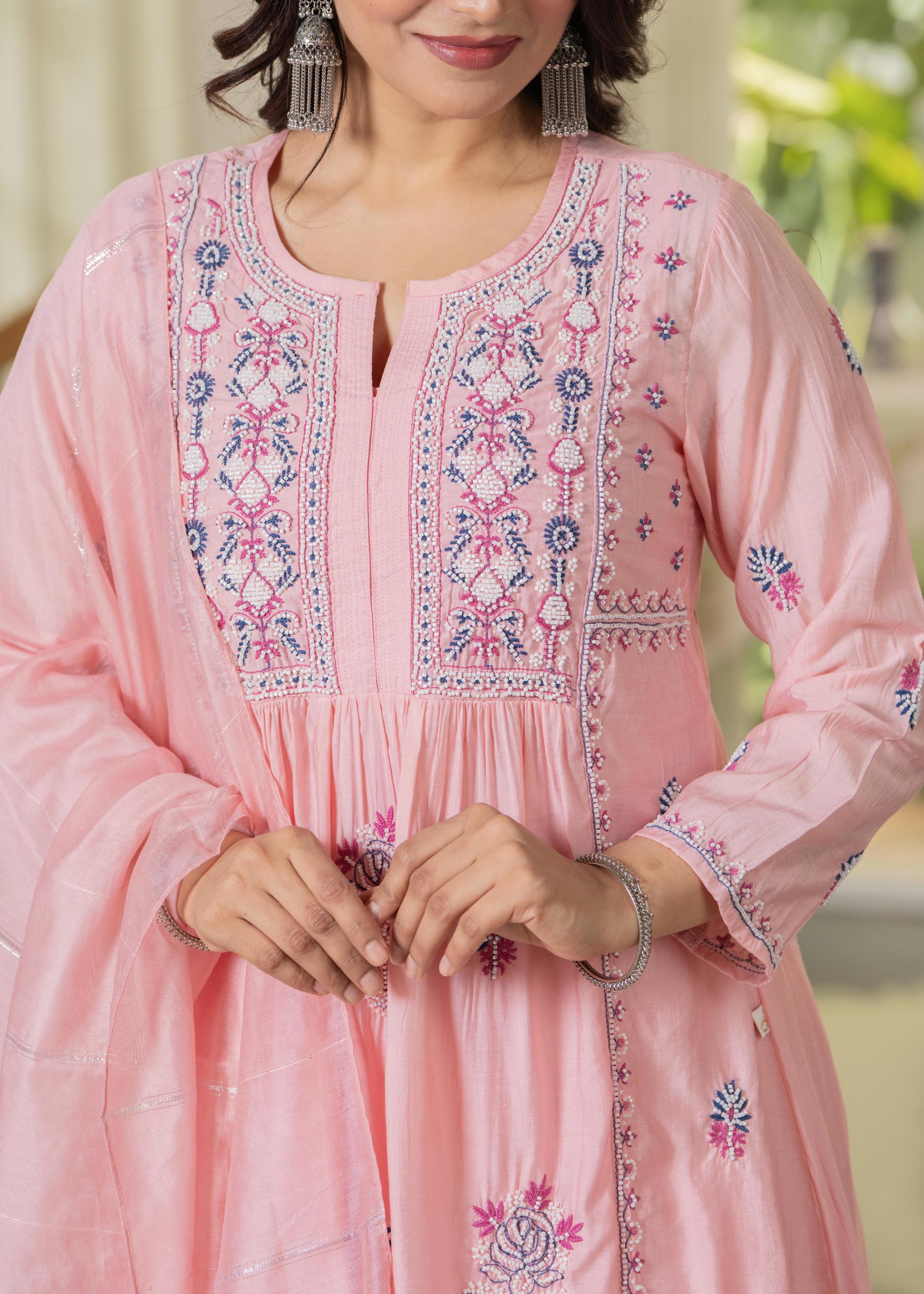 Juniper Baby Pink Embroidered Flared Kurta Set with Dupatta - Distacart