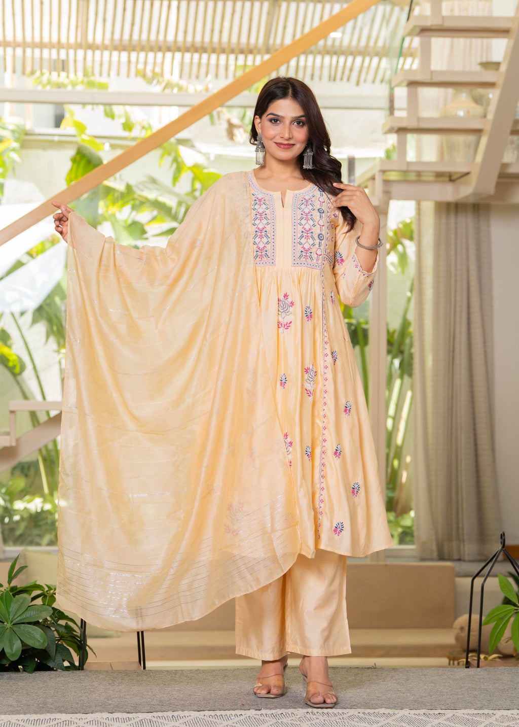 Juniper Yellow Embroidered Flared Kurta Set with Dupatta - Distacart