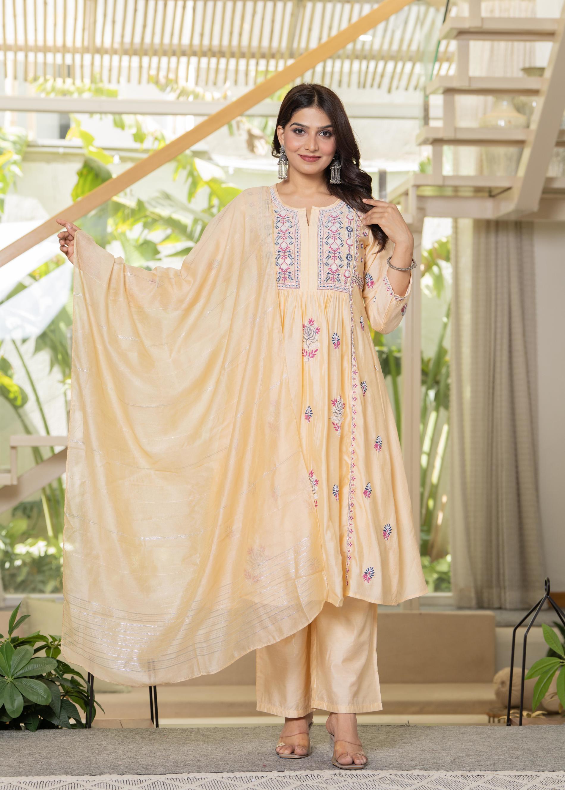 Juniper Yellow Embroidered Flared Kurta Set with Dupatta - Distacart