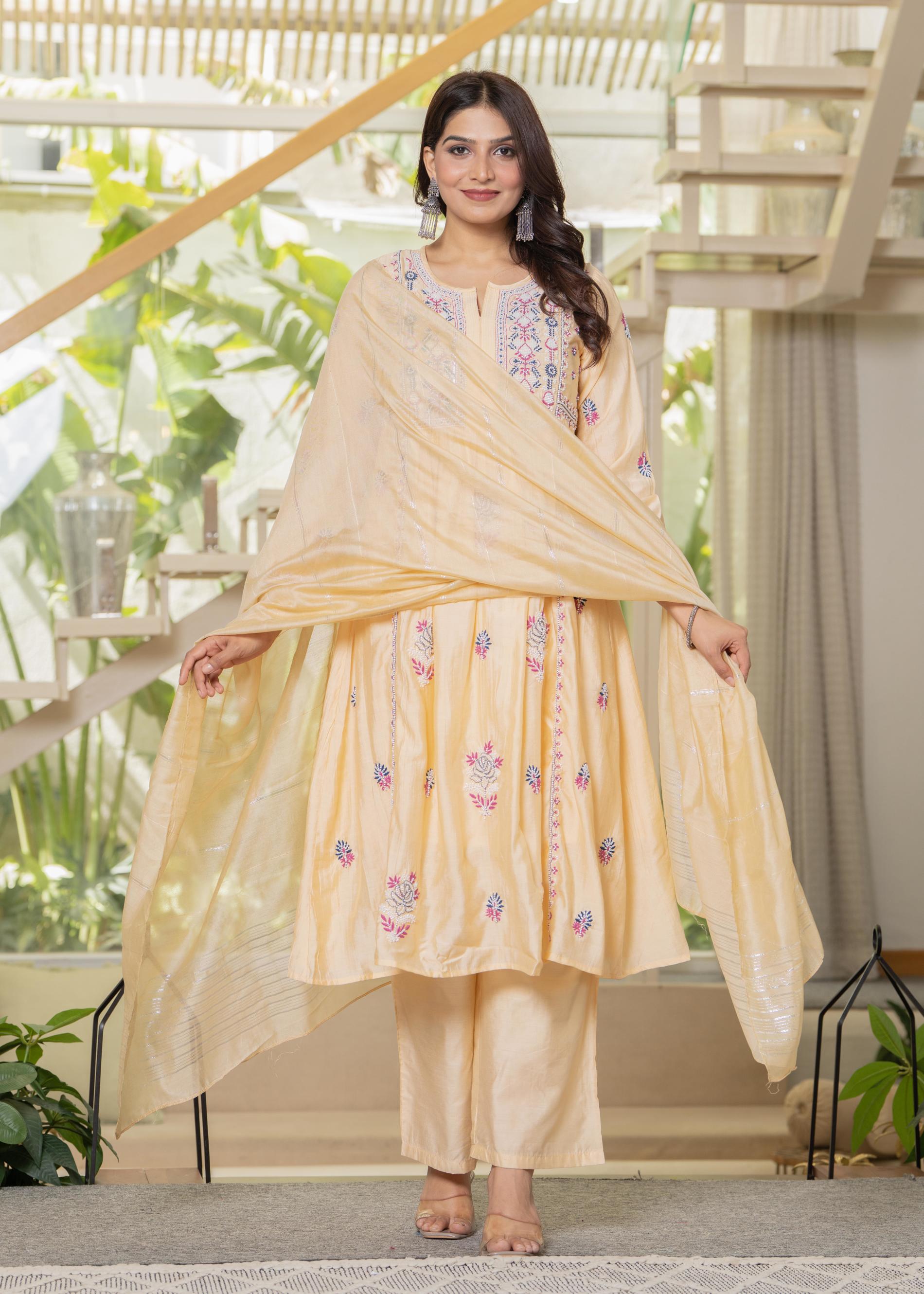 Juniper Yellow Embroidered Flared Kurta Set with Dupatta - Distacart