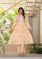 Juniper Yellow Embroidered Flared Kurta Set with Dupatta - Distacart