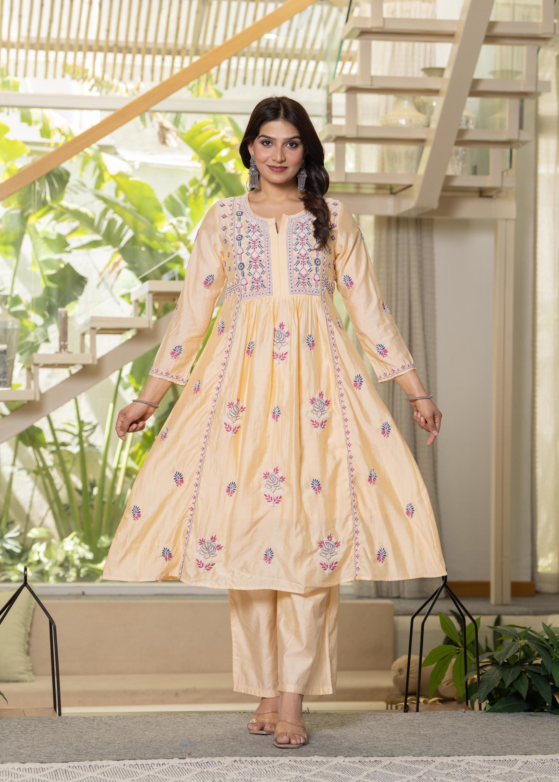 Juniper Yellow Embroidered Flared Kurta Set with Dupatta - Distacart