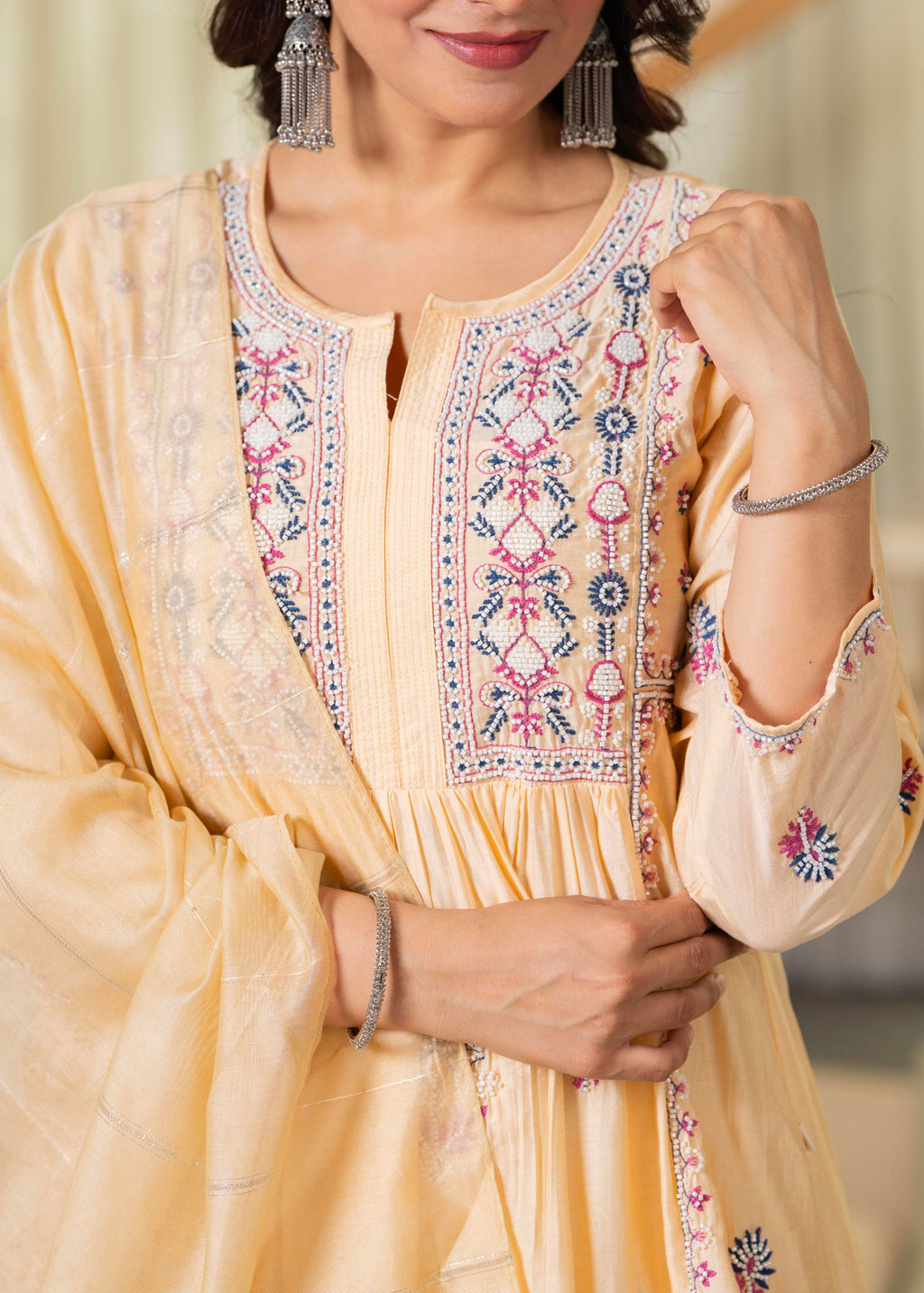 Juniper Yellow Embroidered Flared Kurta Set with Dupatta - Distacart