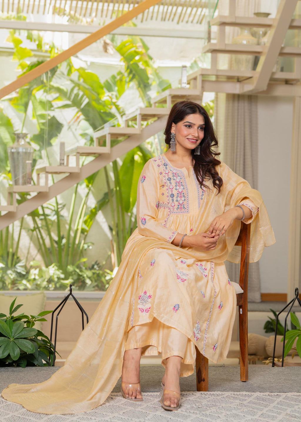Juniper Yellow Embroidered Flared Kurta Set with Dupatta - Distacart