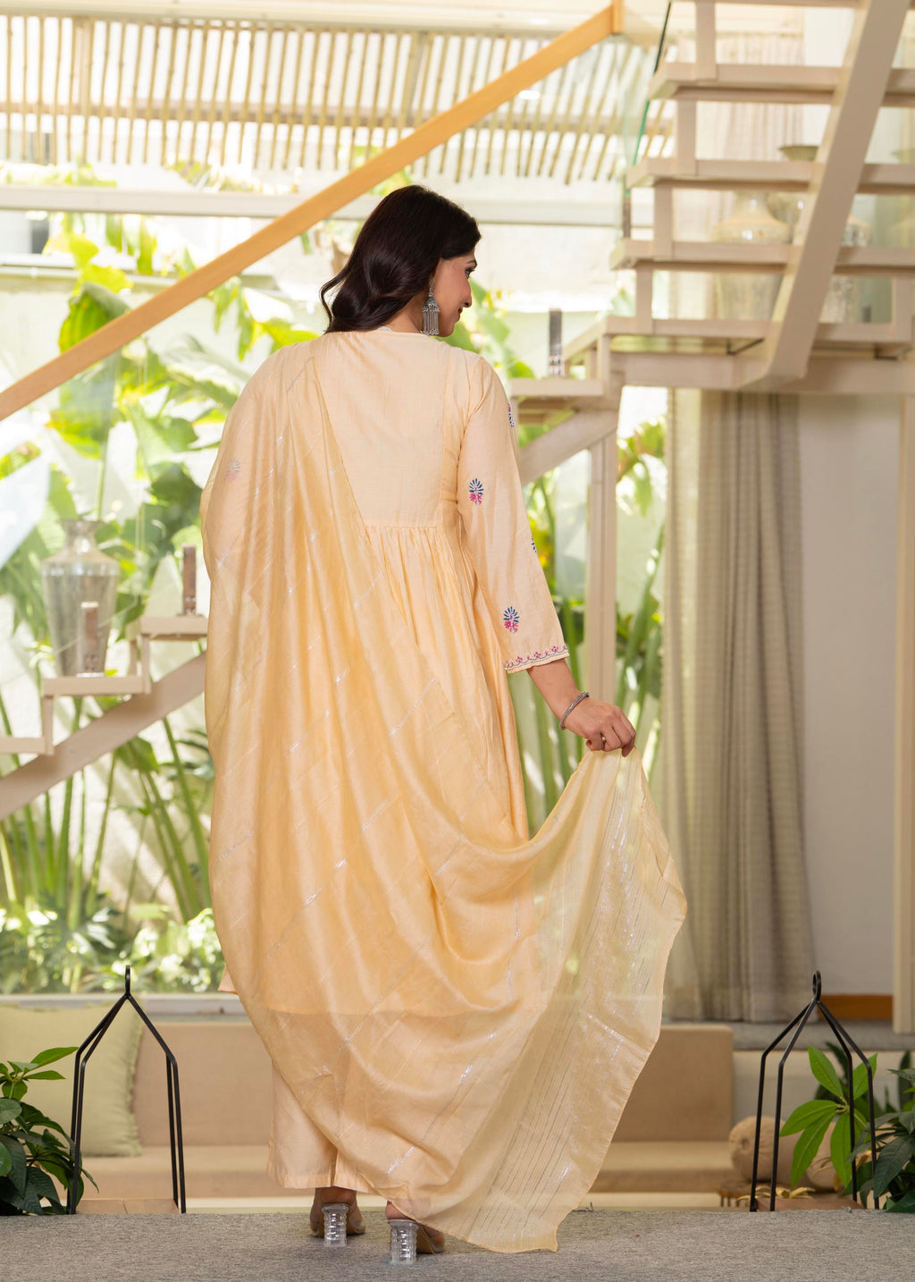 Juniper Yellow Embroidered Flared Kurta Set with Dupatta - Distacart