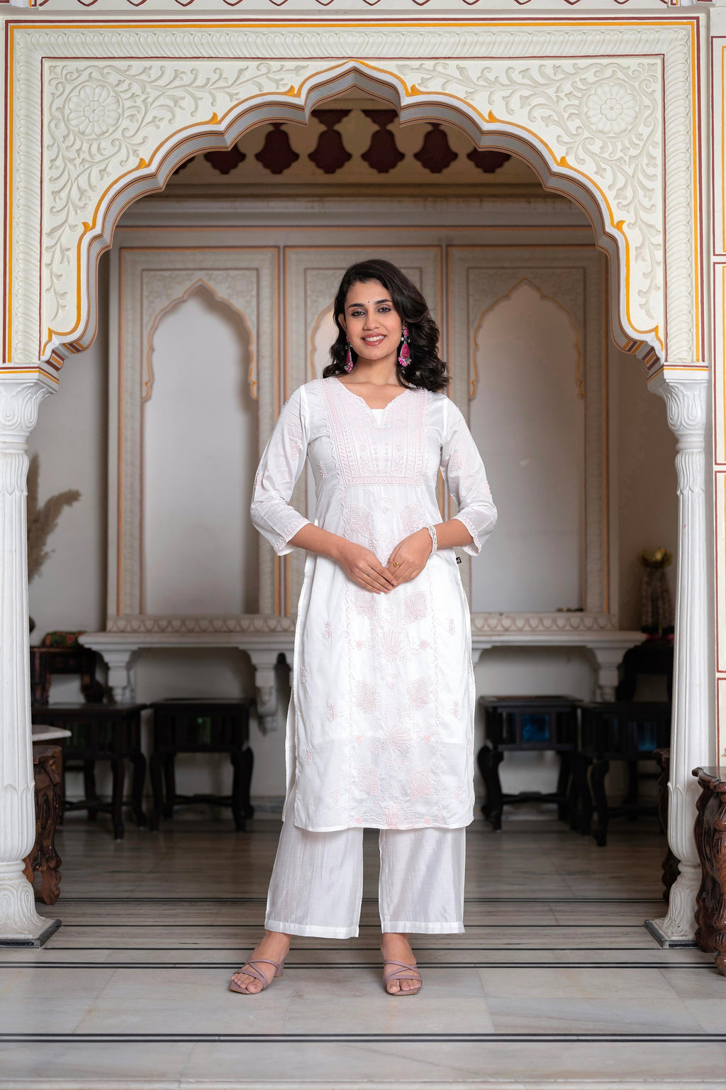 Juniper Off-White Chanderi Kurta with Bead Work & Thread Detailing