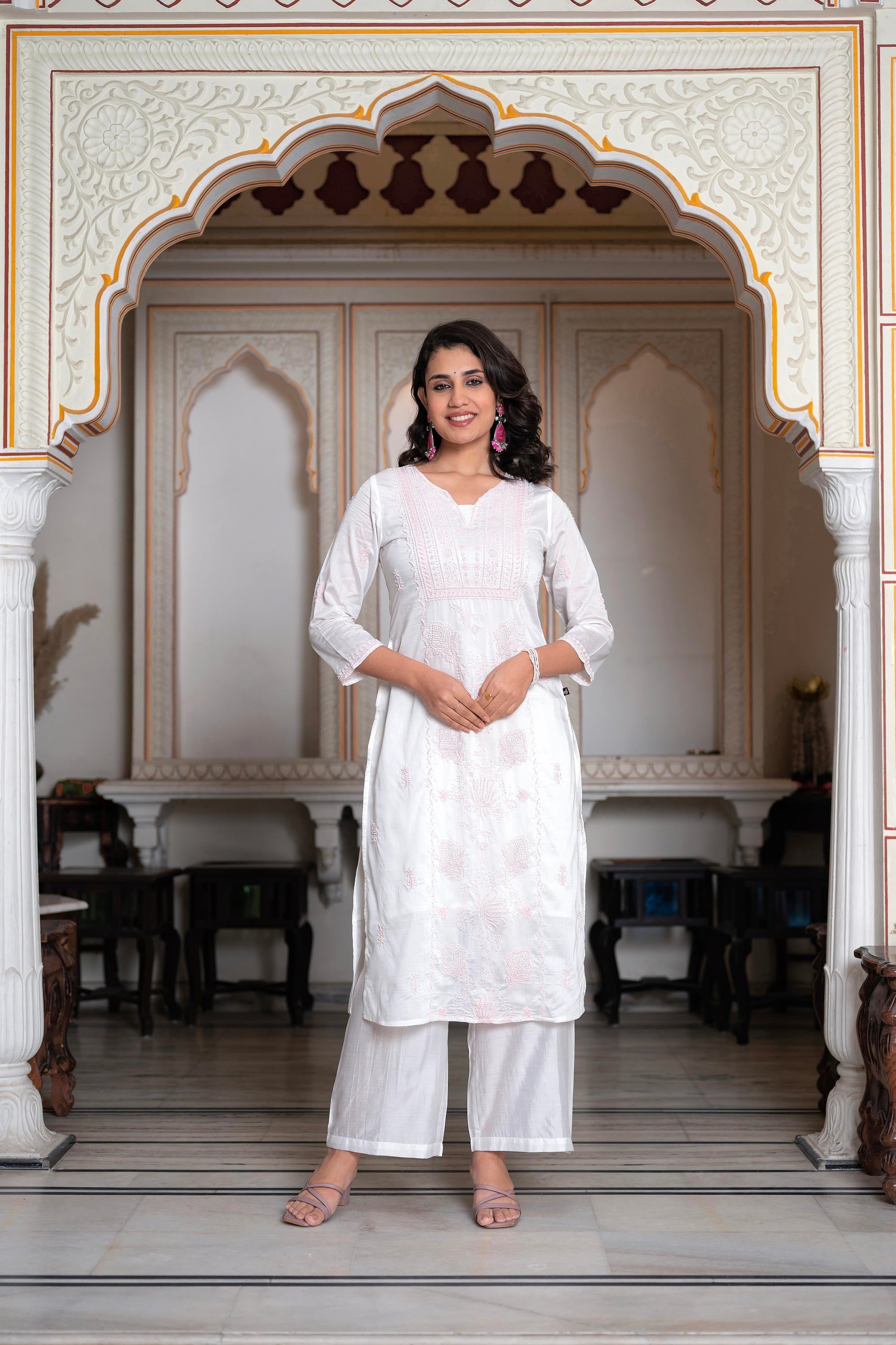 Juniper Off-White Chanderi Kurta with Bead Work & Thread Detailing