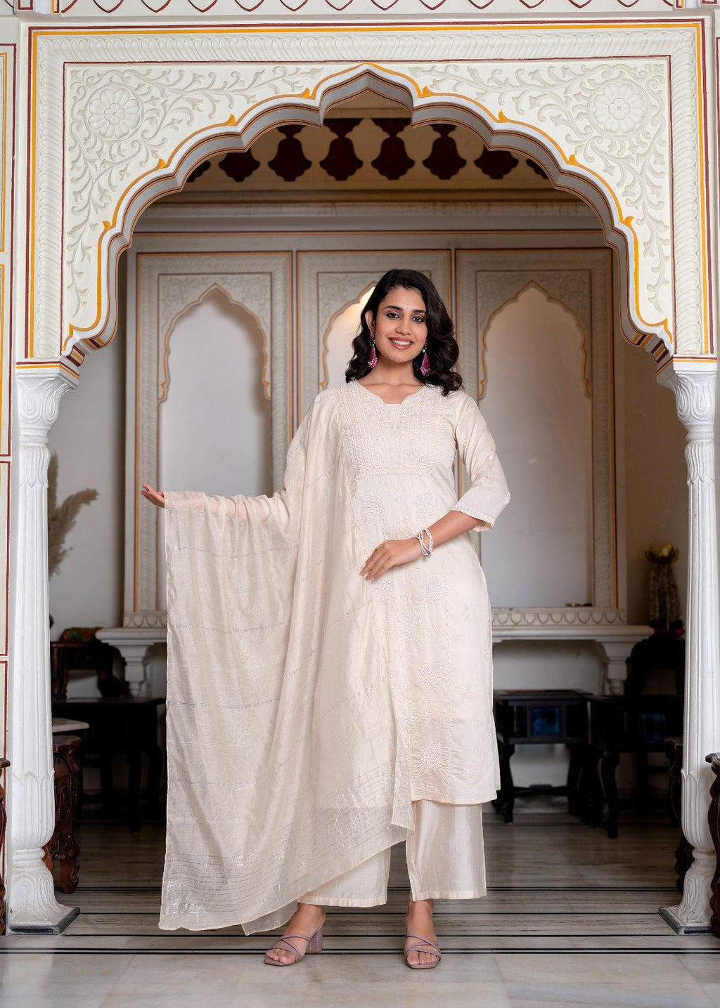 Juniper Peach Chanderi Kurta-Pant & Dupatta Set With Bead & Floral Thread Work - Distacart