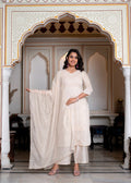 Juniper Peach Chanderi Kurta-Pant & Dupatta Set With Bead & Floral Thread Work - Distacart