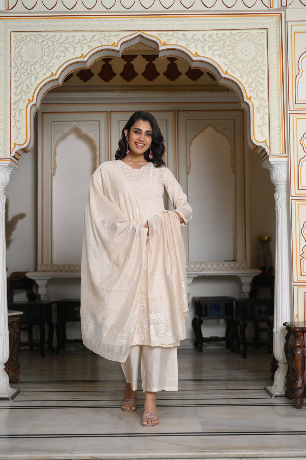 Juniper Peach Chanderi Kurta-Pant & Dupatta Set With Bead & Floral Thread Work - Distacart