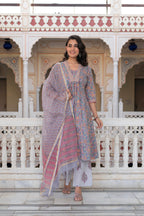 Juniper Lavender Cotton Flared Kurta-Pant & Dupatta Set With Floral Print, Thread Work, Lace & Sequins - Distacart