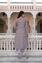 Juniper Lavender Cotton Flared Kurta-Pant & Dupatta Set With Floral Print, Thread Work, Lace & Sequins - Distacart